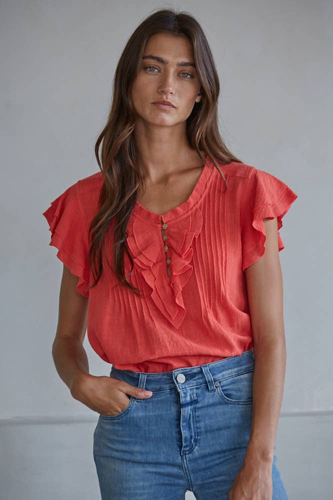 Maude Cotton Linen Ruffle Sleeve Top
