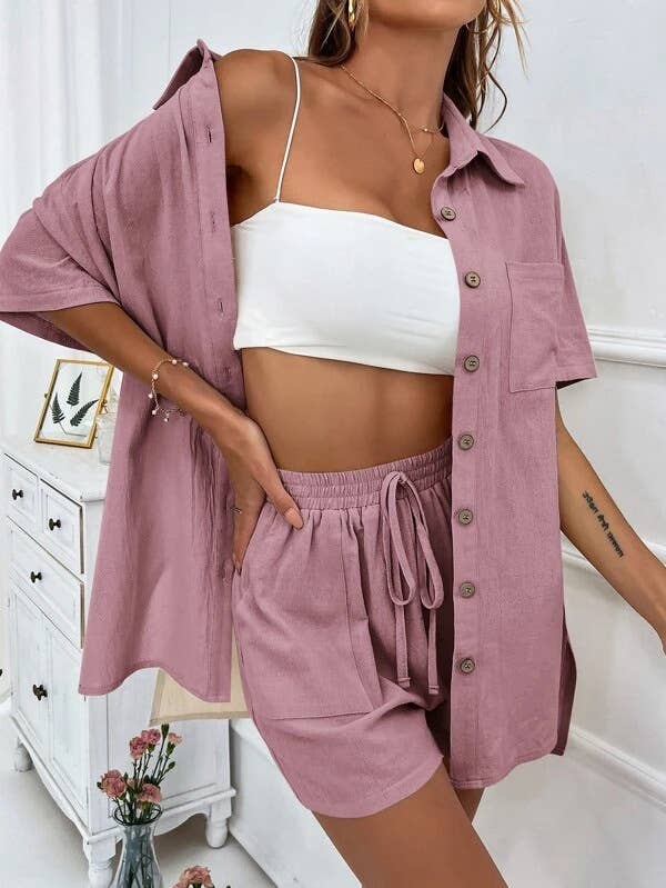 Sweetkama Ladies Solid Color Top and Short Set Daily Set
