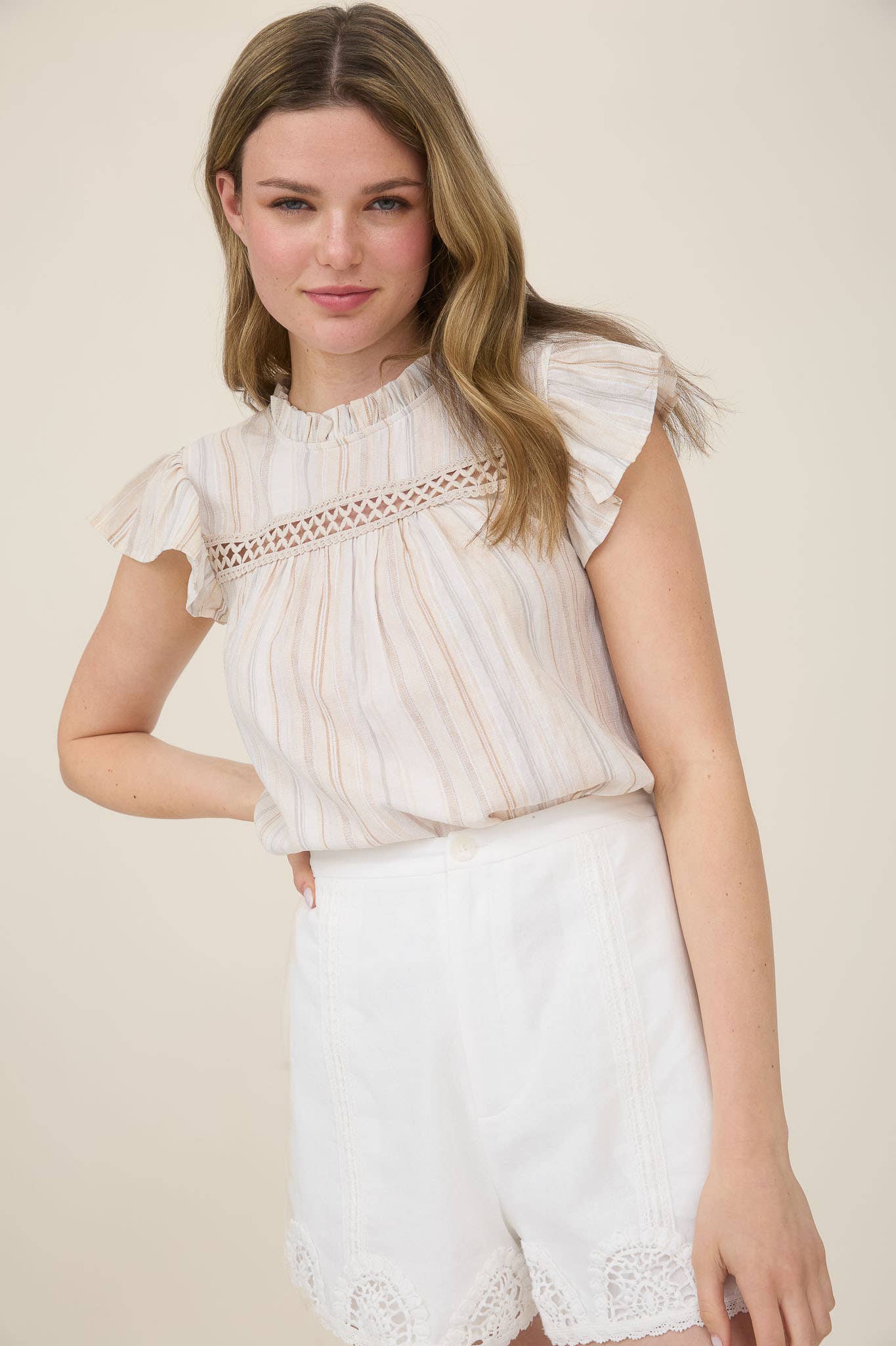 Stripe Lace Trim Ruffle Sleeve Top