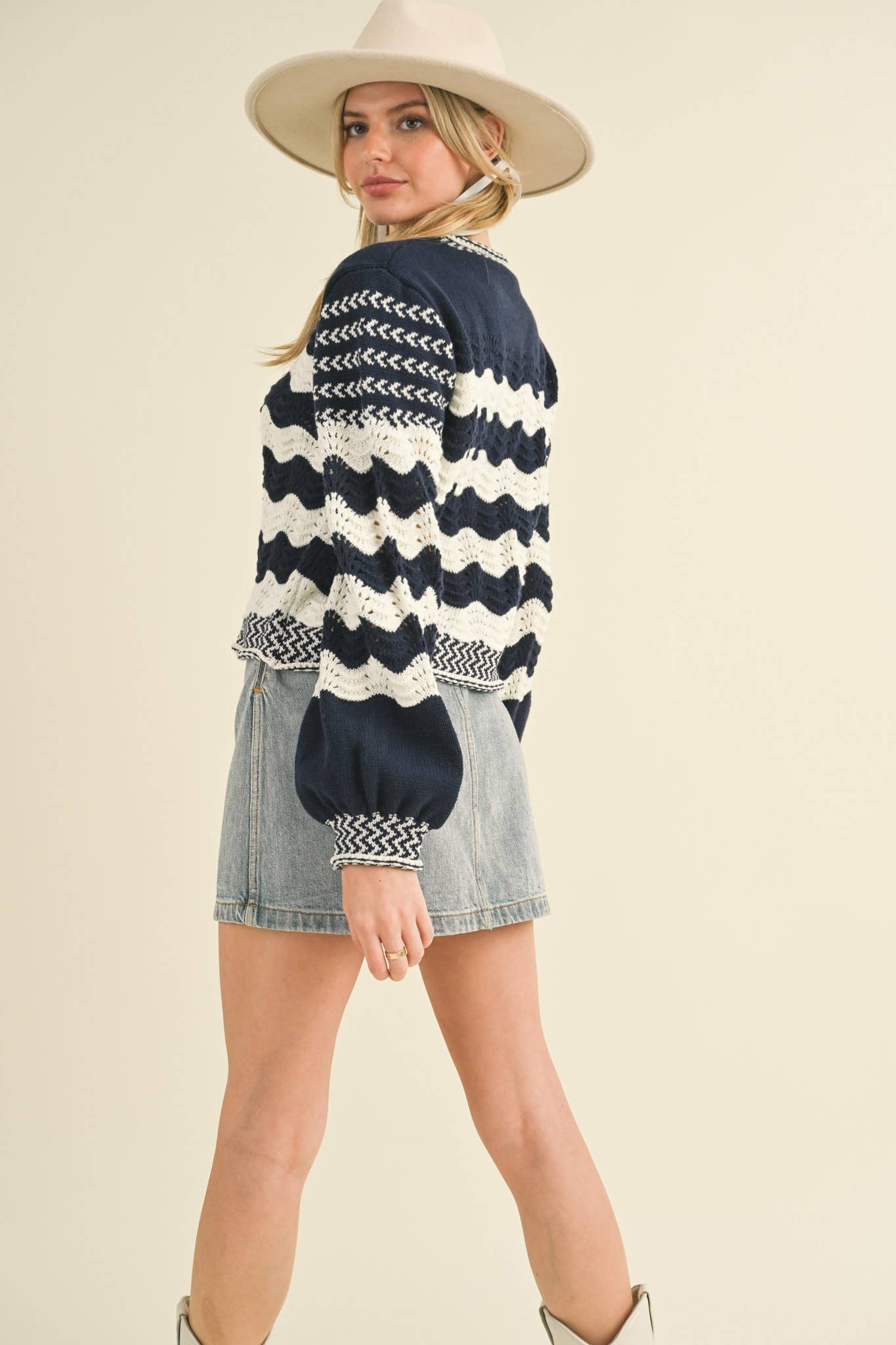 Wavy Striped Puff Sleeve Sweater