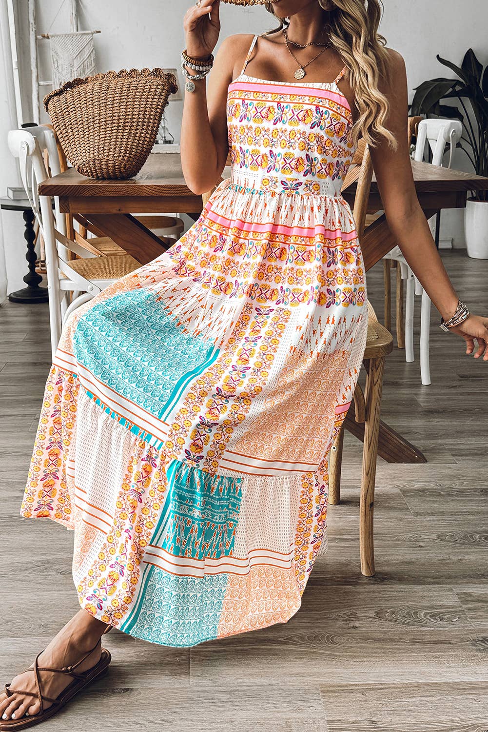 Boho Patchwork Print Square Neck Sundress