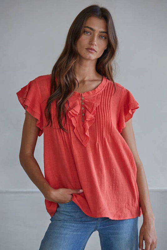 Maude Cotton Linen Ruffle Sleeve Top