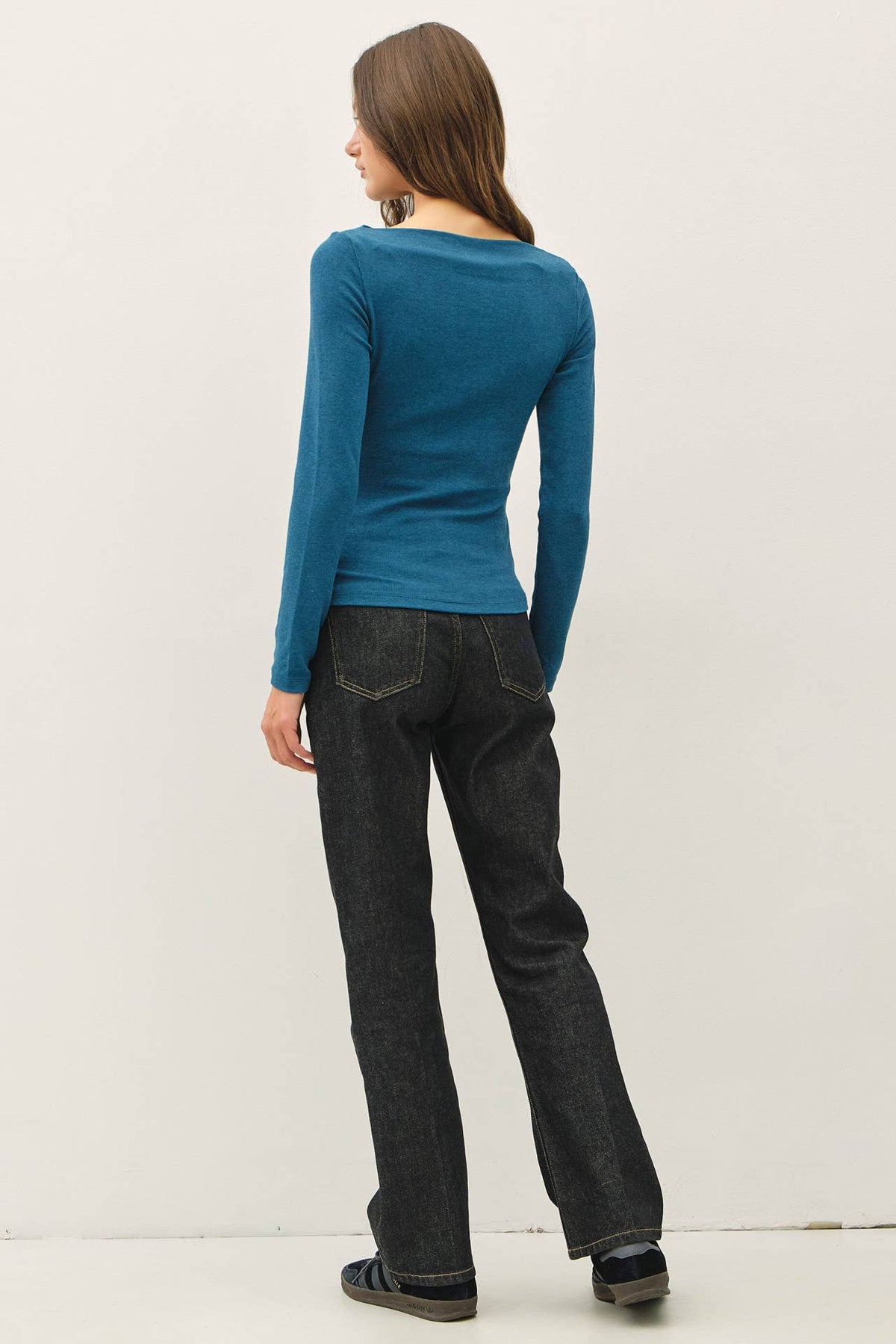 Classic Ribbed Boat Neck Shirred Waist Top