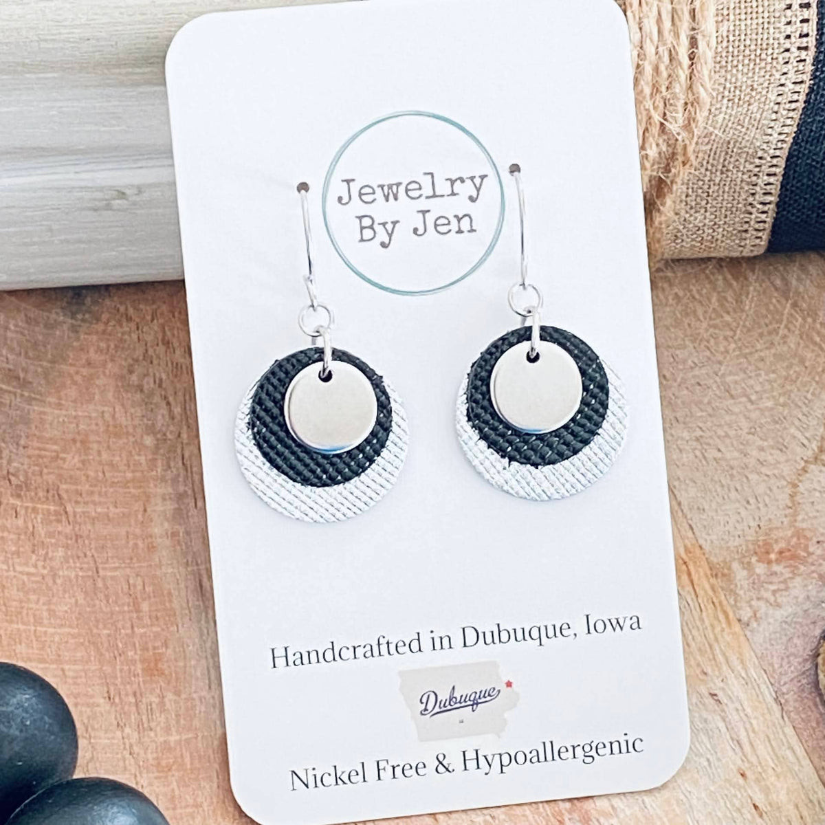 Round Layered Earrings: Silver & Black w/Metal Accent