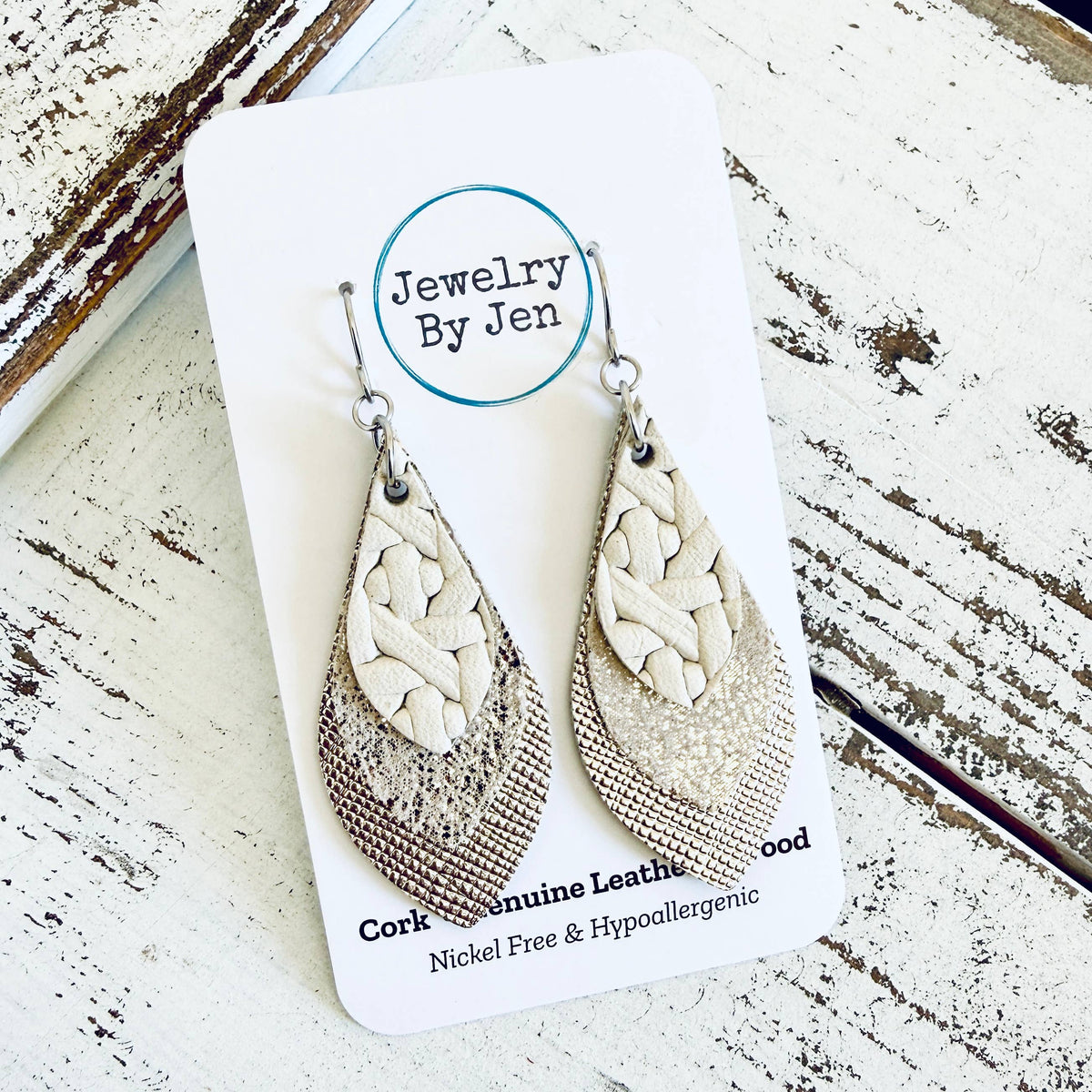 Skinny Layered Teardrop Earrings: Cream & Platinum