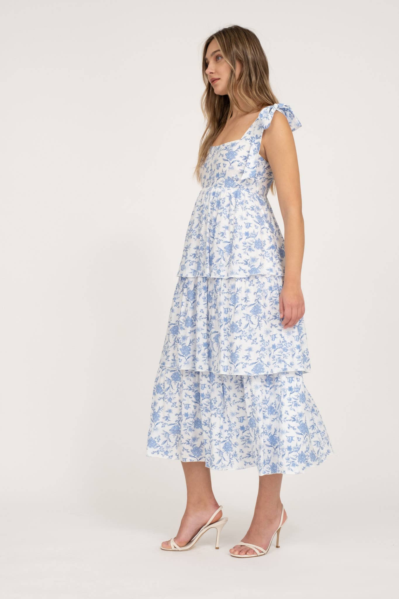 Floral Tie Strap Ruffle Midi Dress