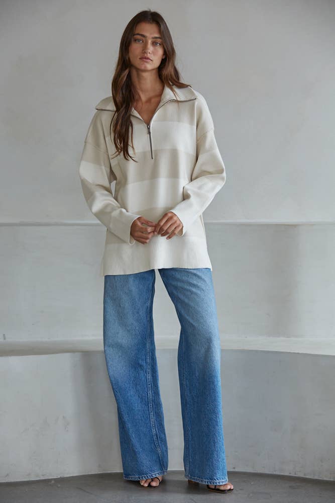 Knit Striped Turtleneck Half Zip Up Sweater
