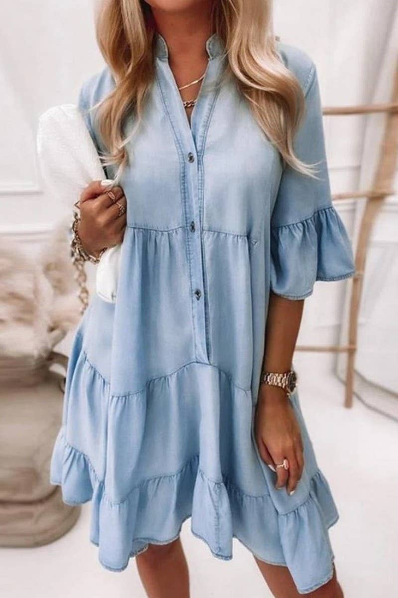 V-NECK HALF SLEEVE WASHED DENIM DRESS