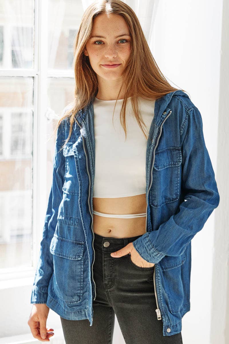 Hooded Chambray Utility Denim Jacket