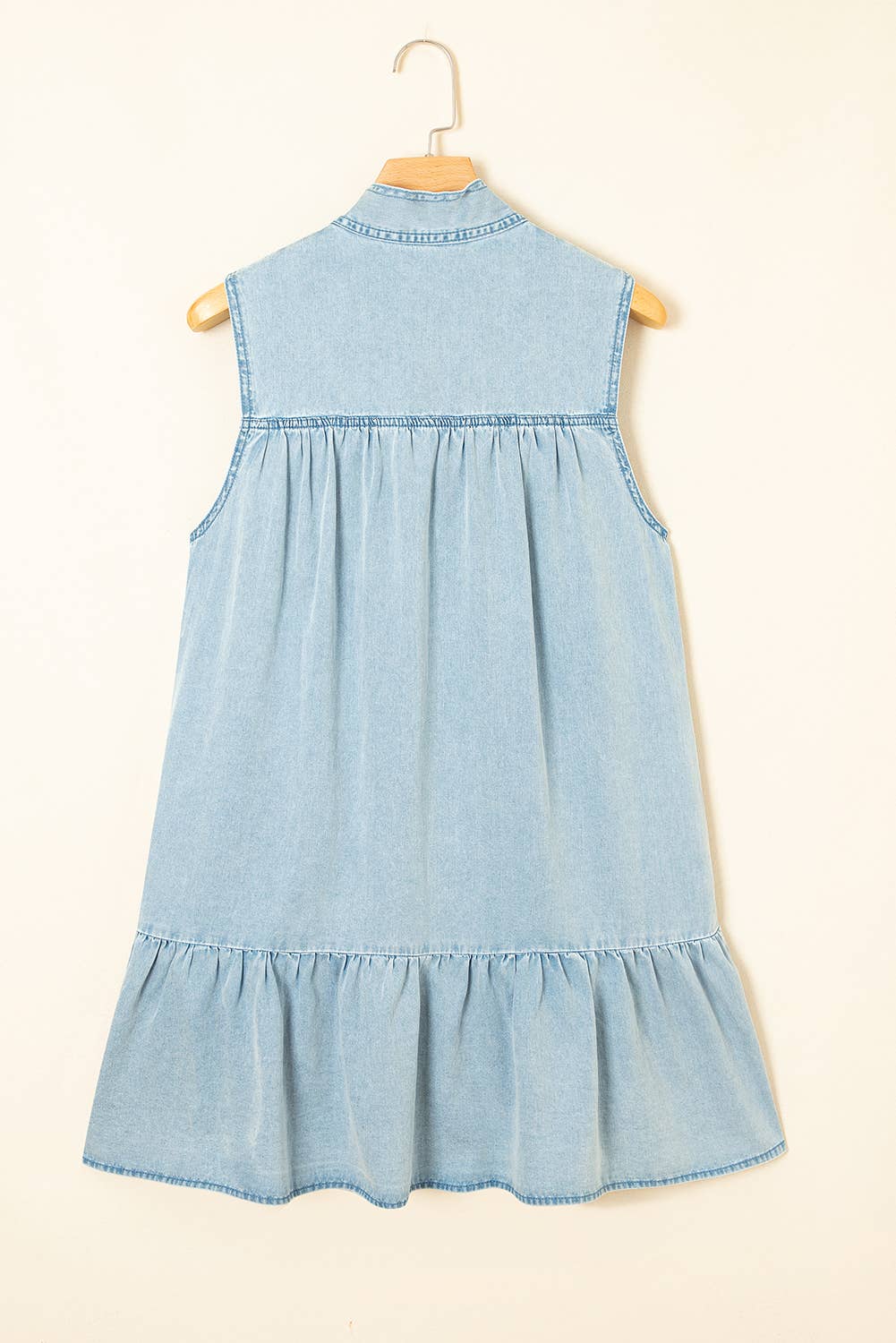 Bowknot Neck Sleeveless Ruffled Chambray Dress