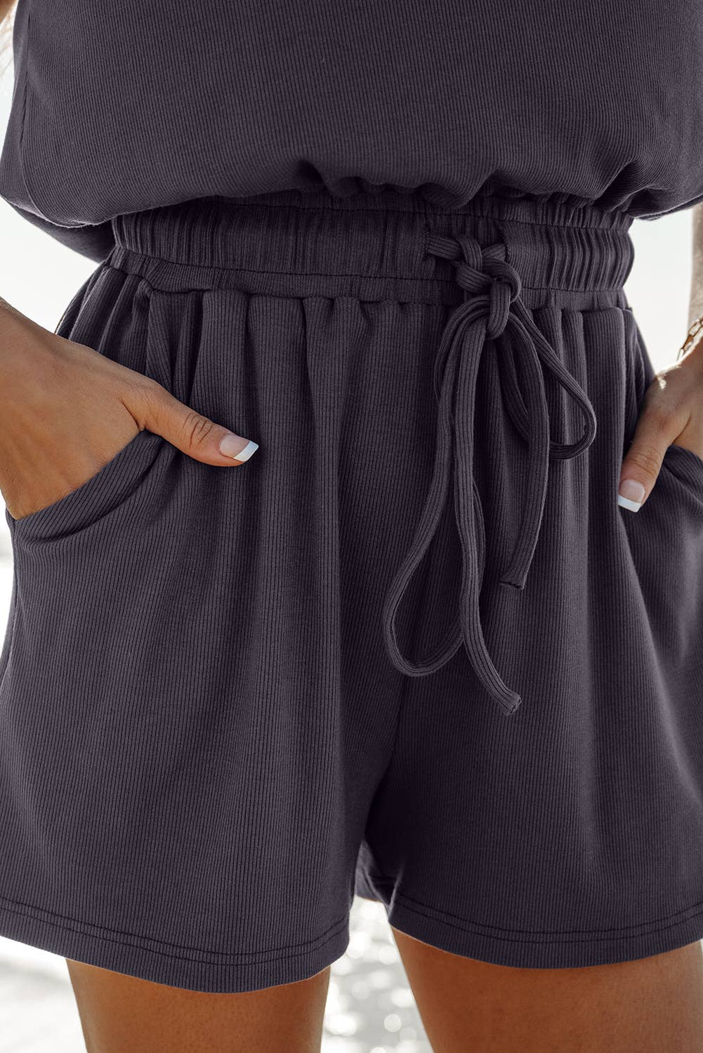 Knit Open Back Cap Sleeve Drawstring Romper