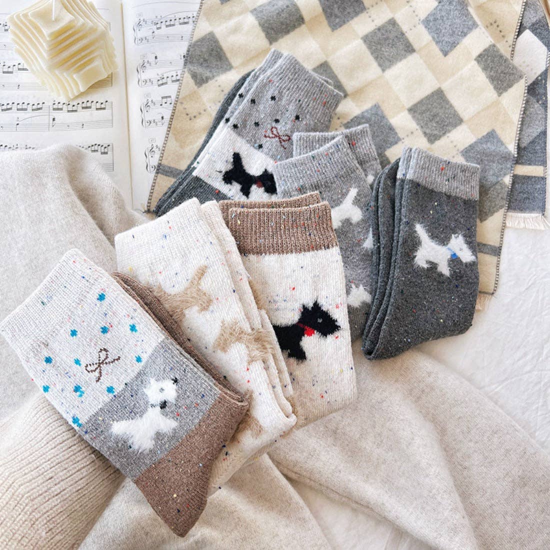 Gray and White Dog Pattern Thick Warm Socks