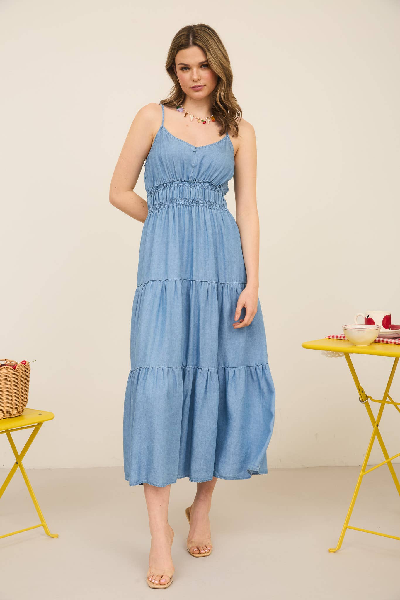 Chambray Sleeveless Tiered Midi Dress