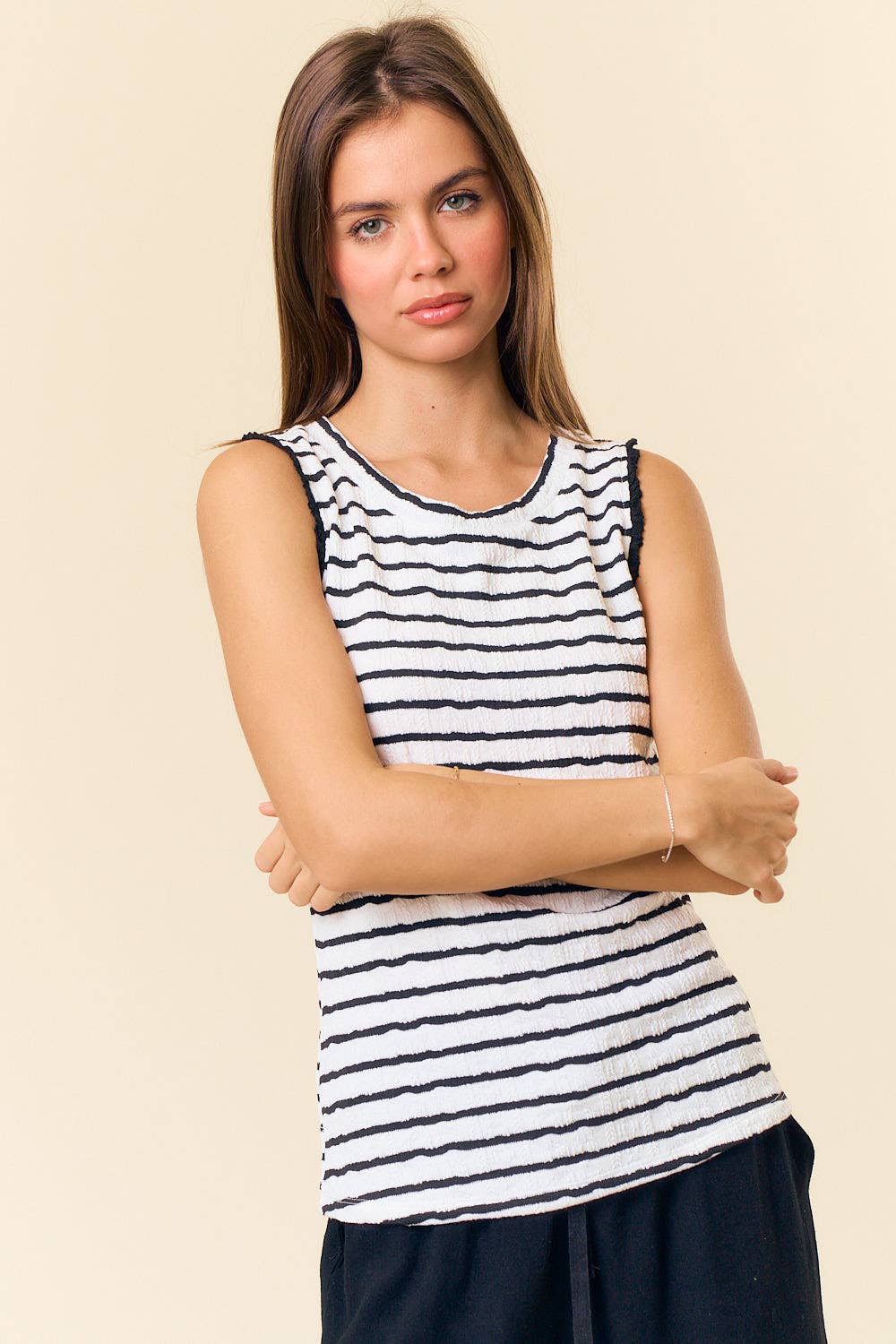 Textured Striped Knit Ruffle Tank Top