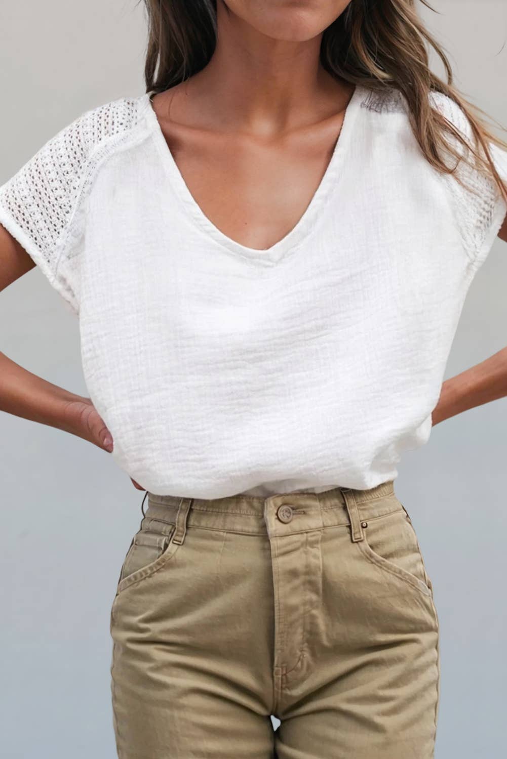 Lace Crochet Textured Button Back V Neck T Shirt