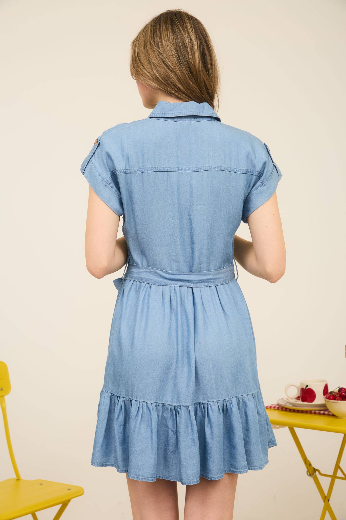 Chambray Ruffle Hem Belted Mini Shirt Dress