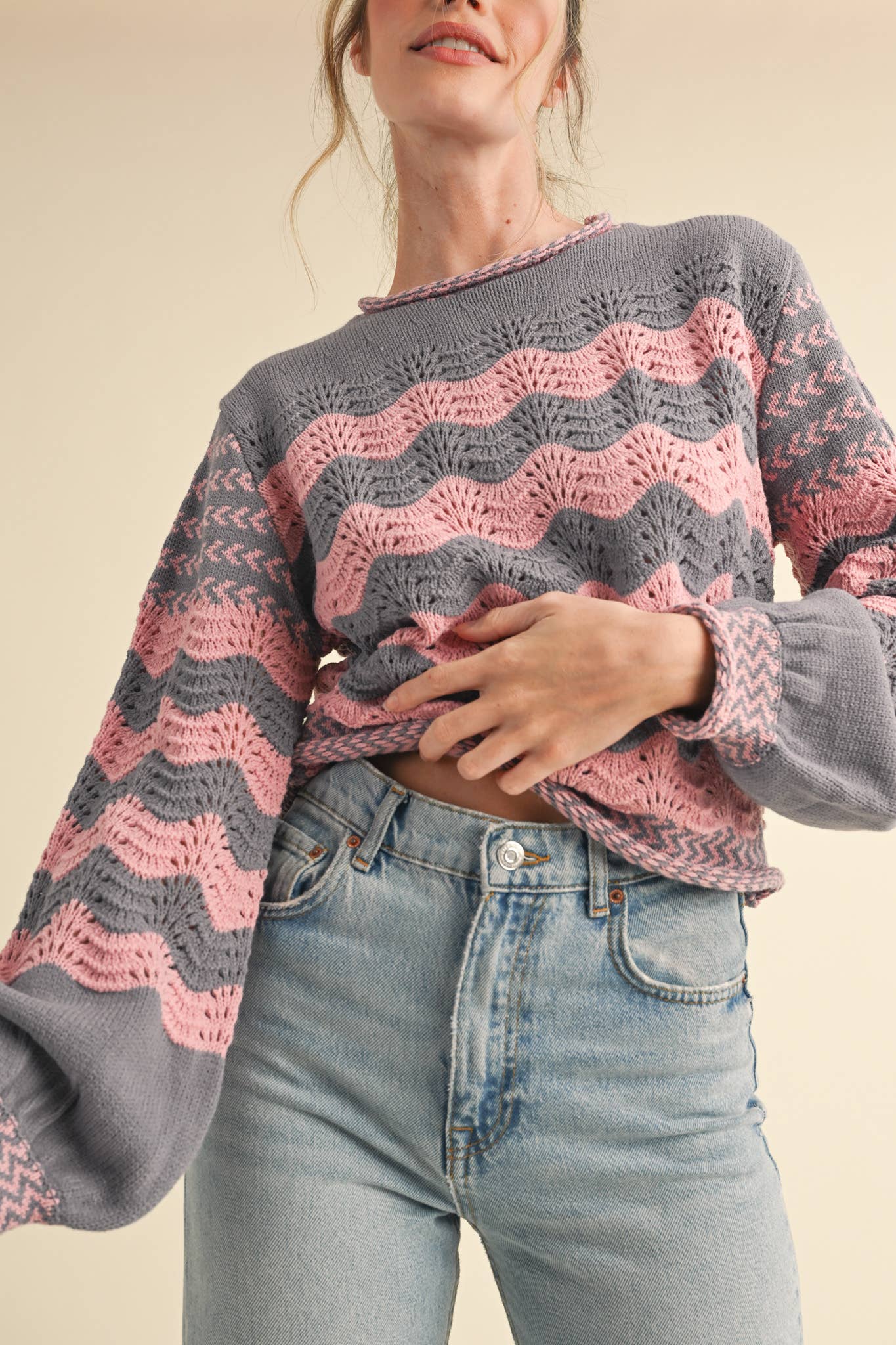 Wavy Striped Puff Sleeve Sweater