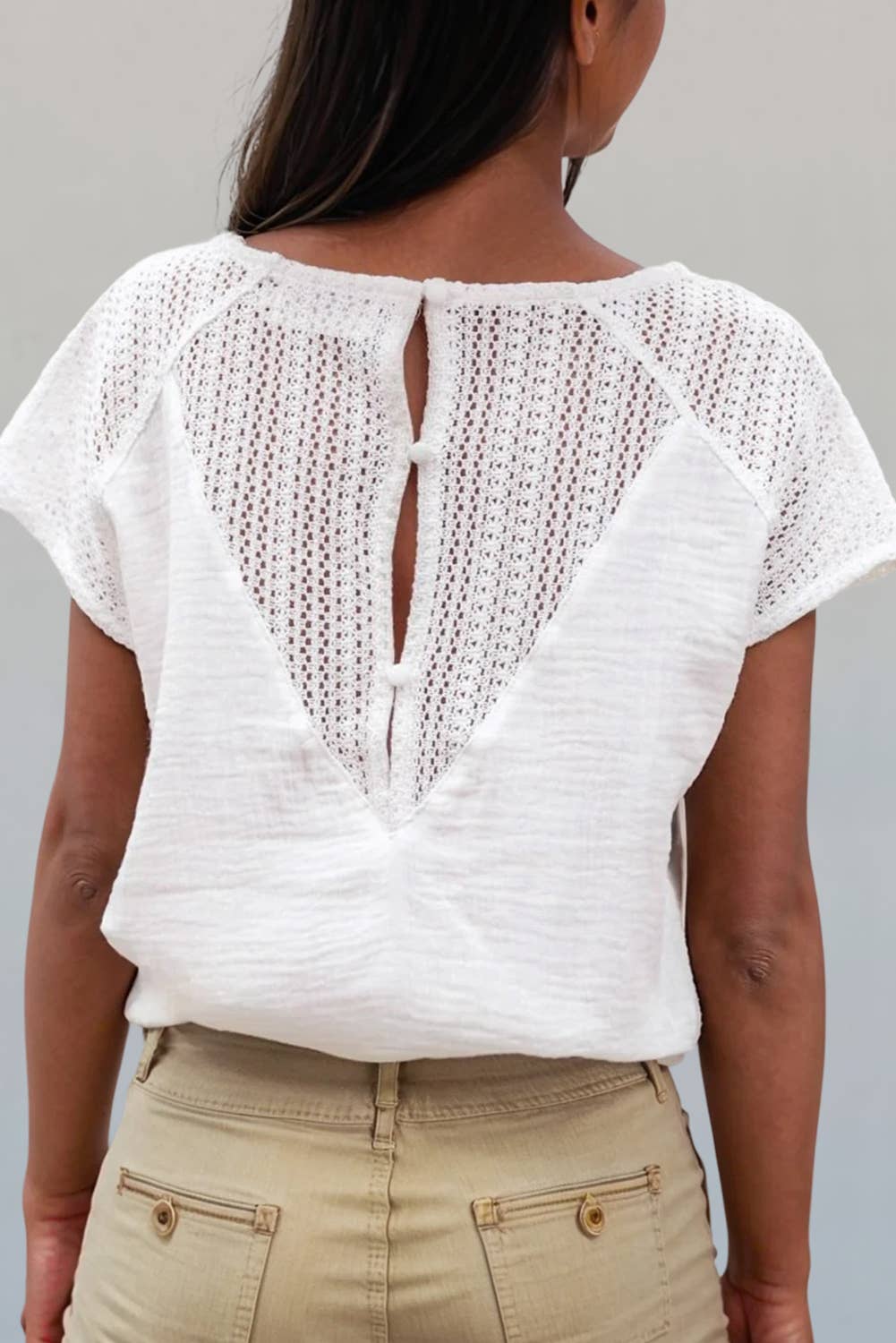 Lace Crochet Textured Button Back V Neck T Shirt