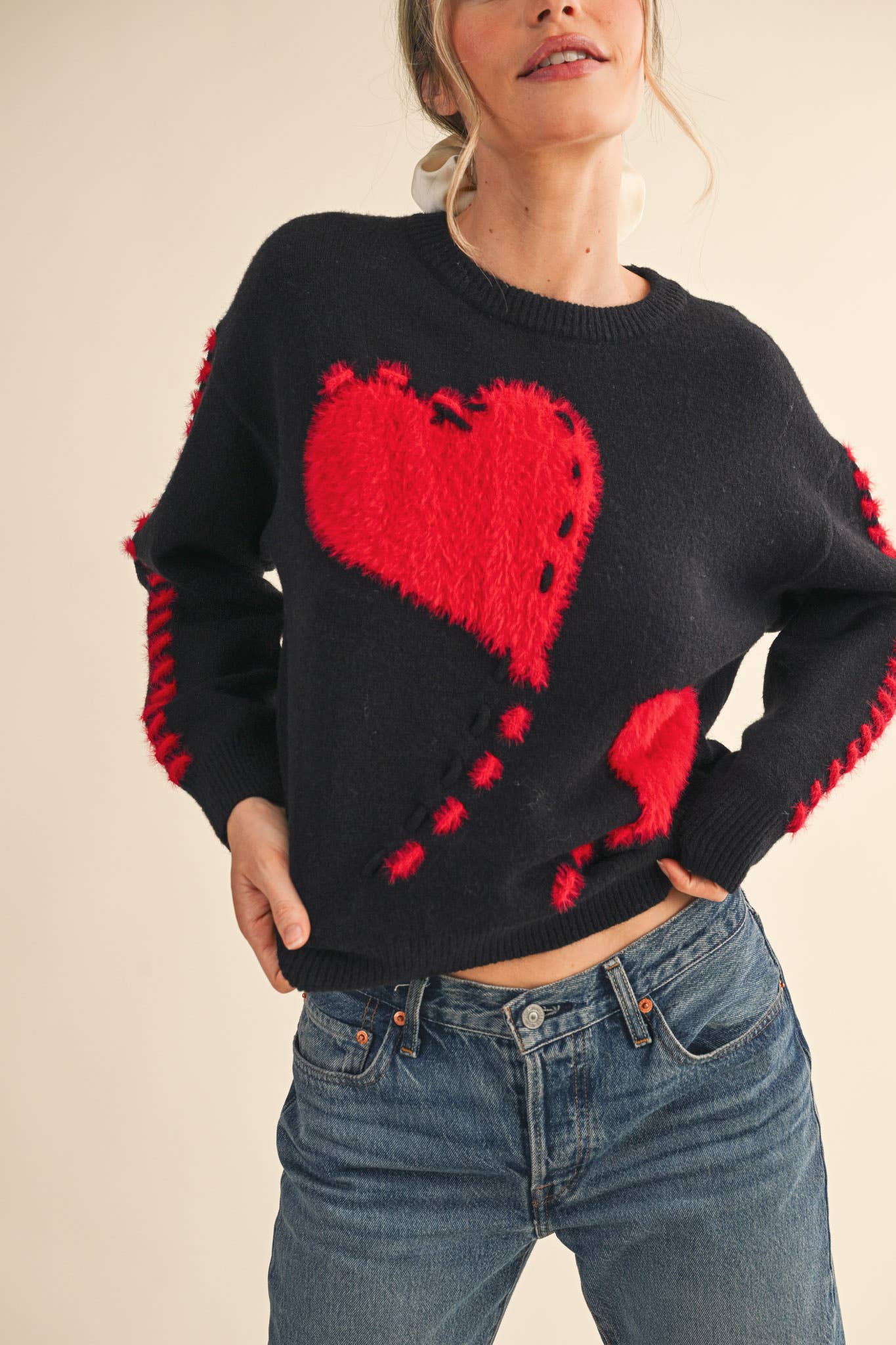 Fuzzy Heart Knit Sweater