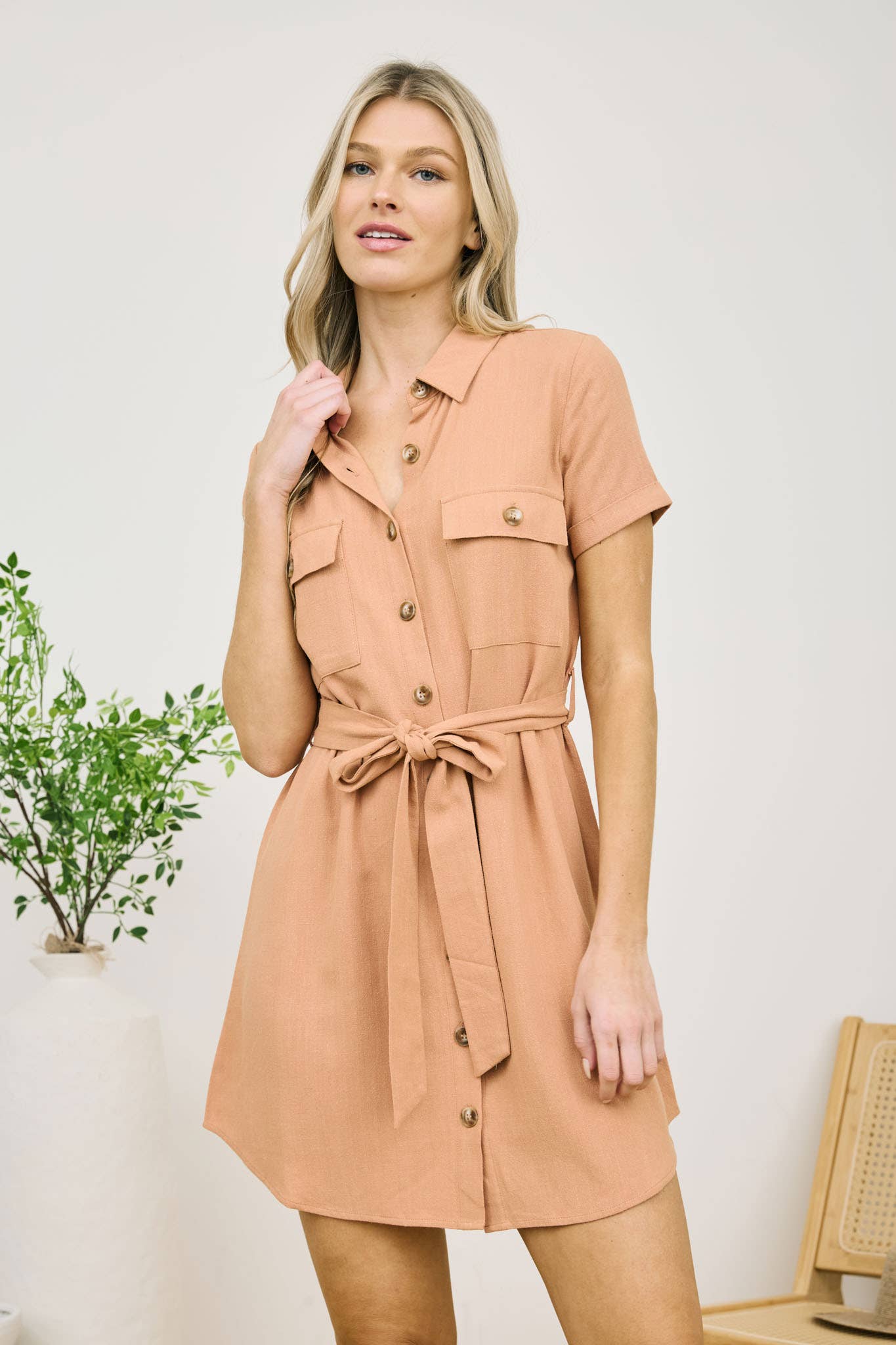 Button Down with Collar Belted Mini Dress