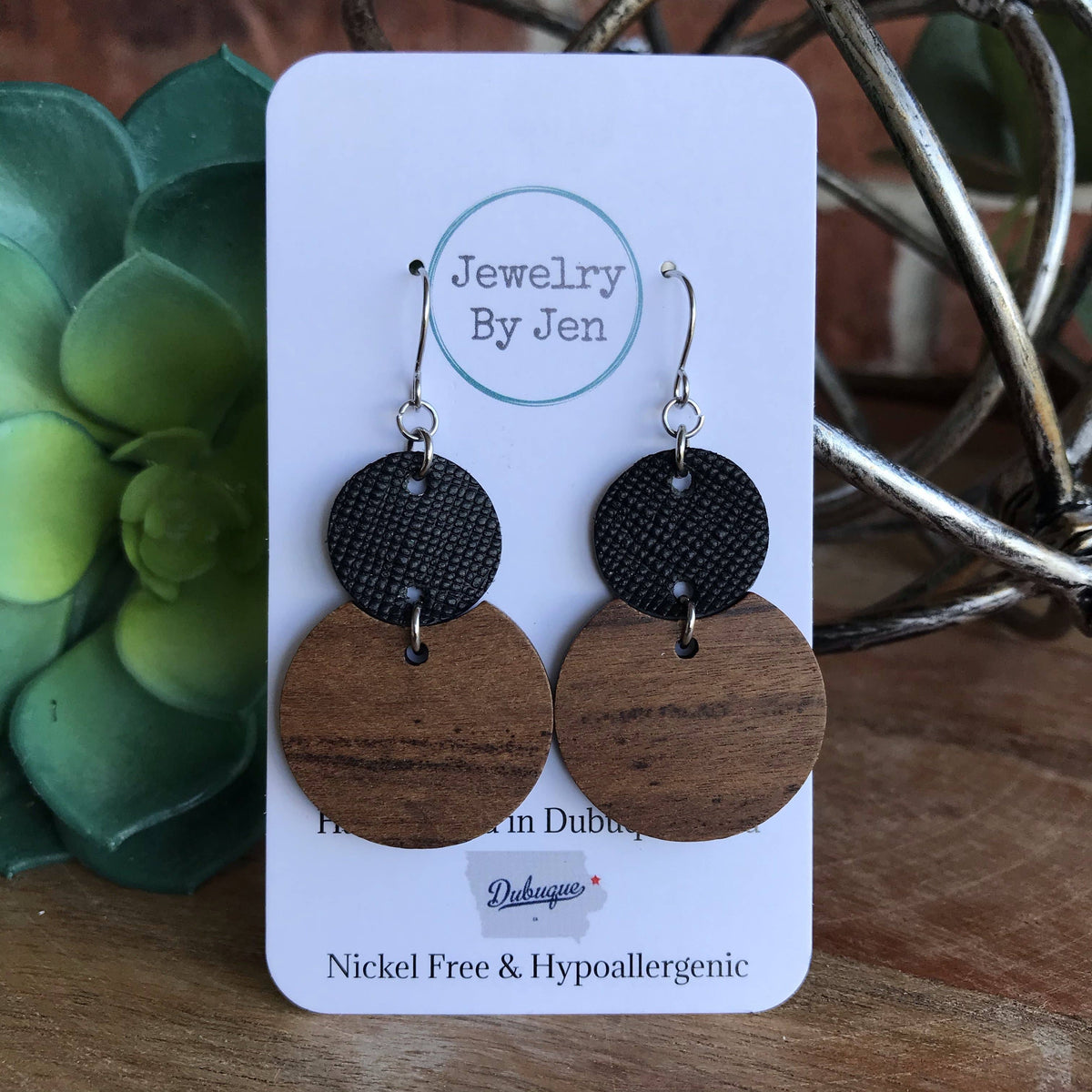 Round Wood & Black Earrings