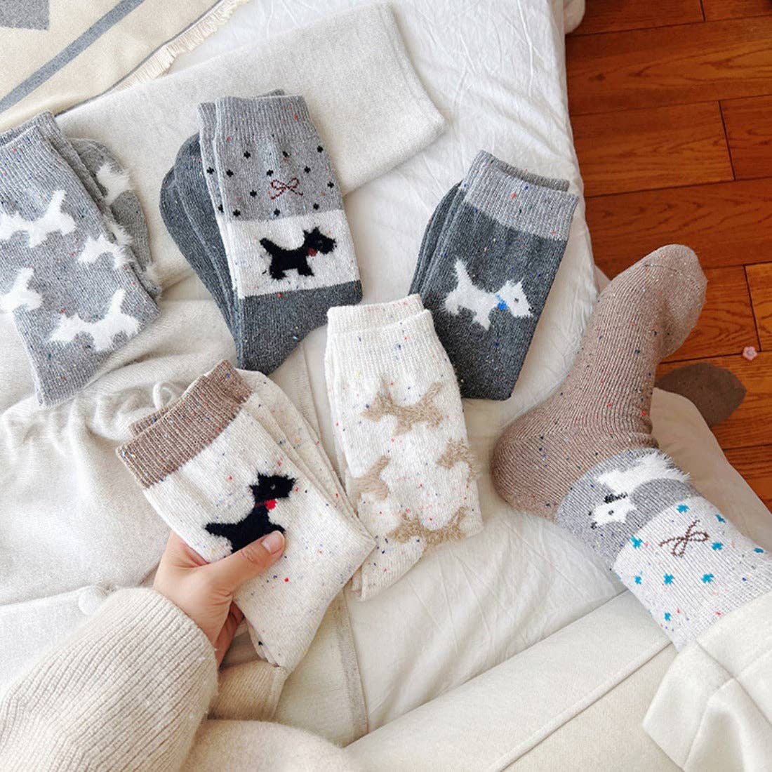 Gray and White Dog Pattern Thick Warm Socks