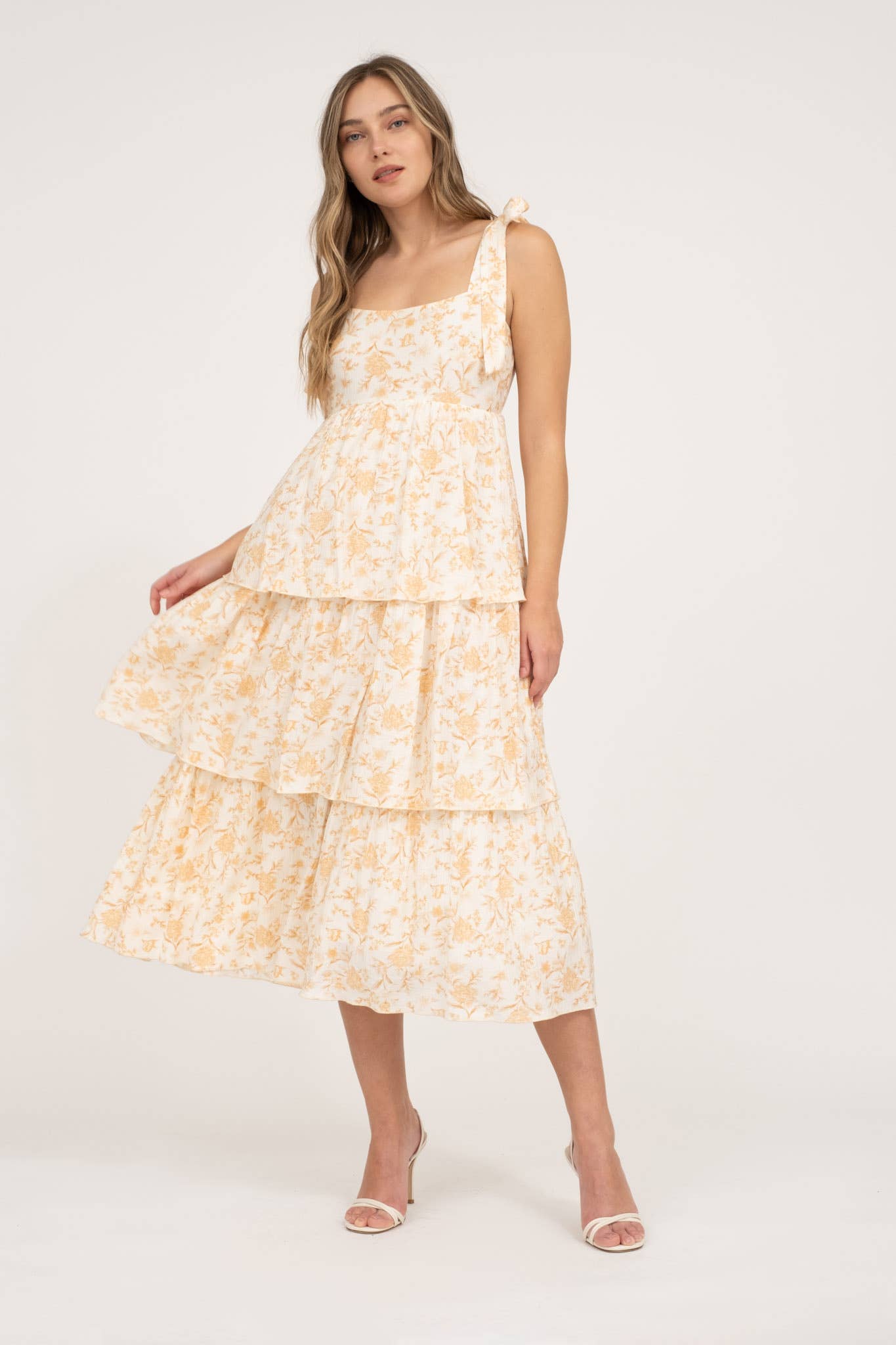 Floral Tie Strap Ruffle Midi Dress