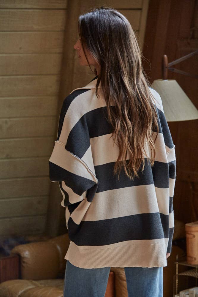 Knit Striped Turtleneck Half Zip Up Sweater