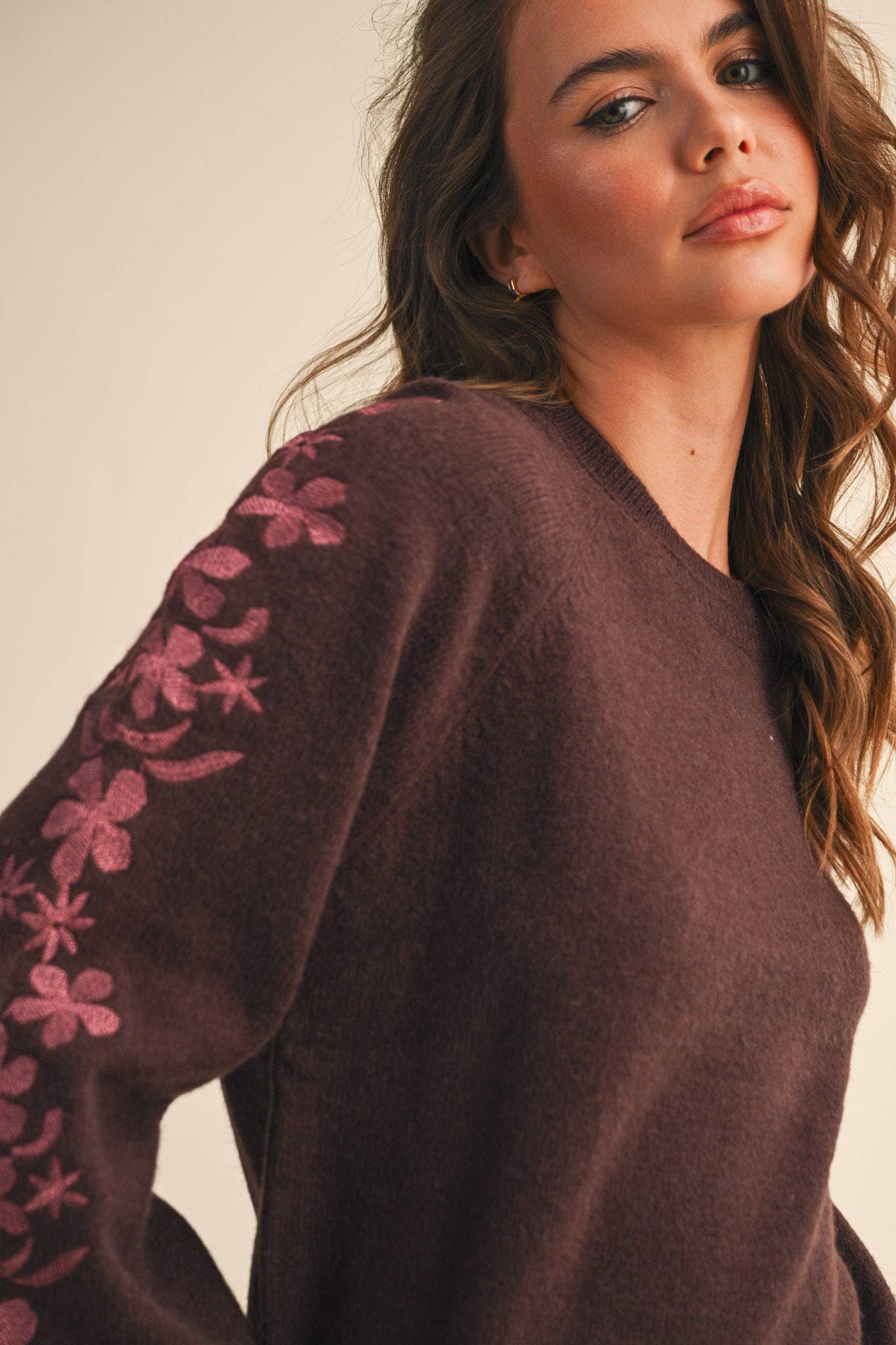 Pullover Sweater with Floral Embriodered Sleeves