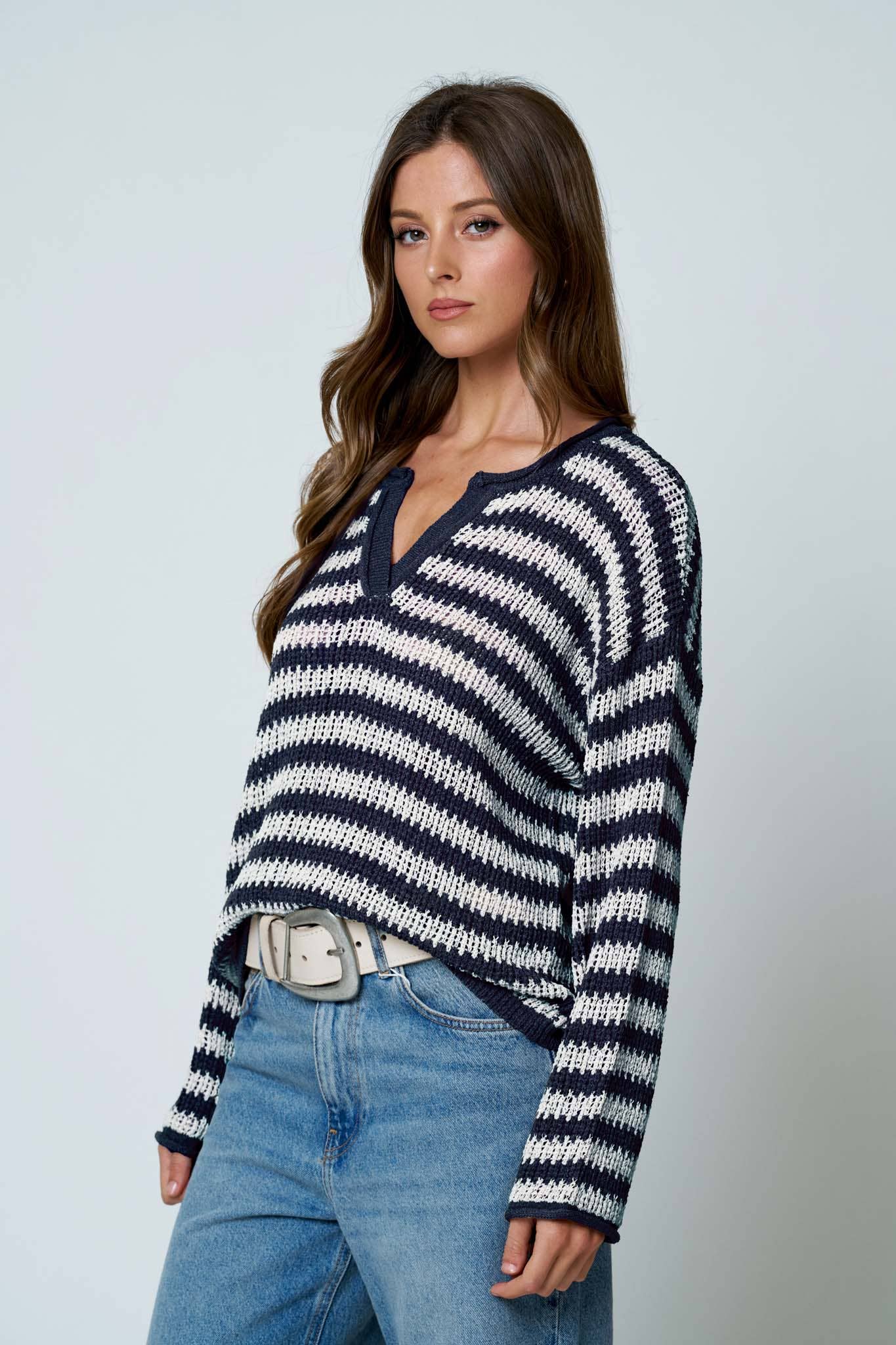 Stripe Raw Edge Sweater