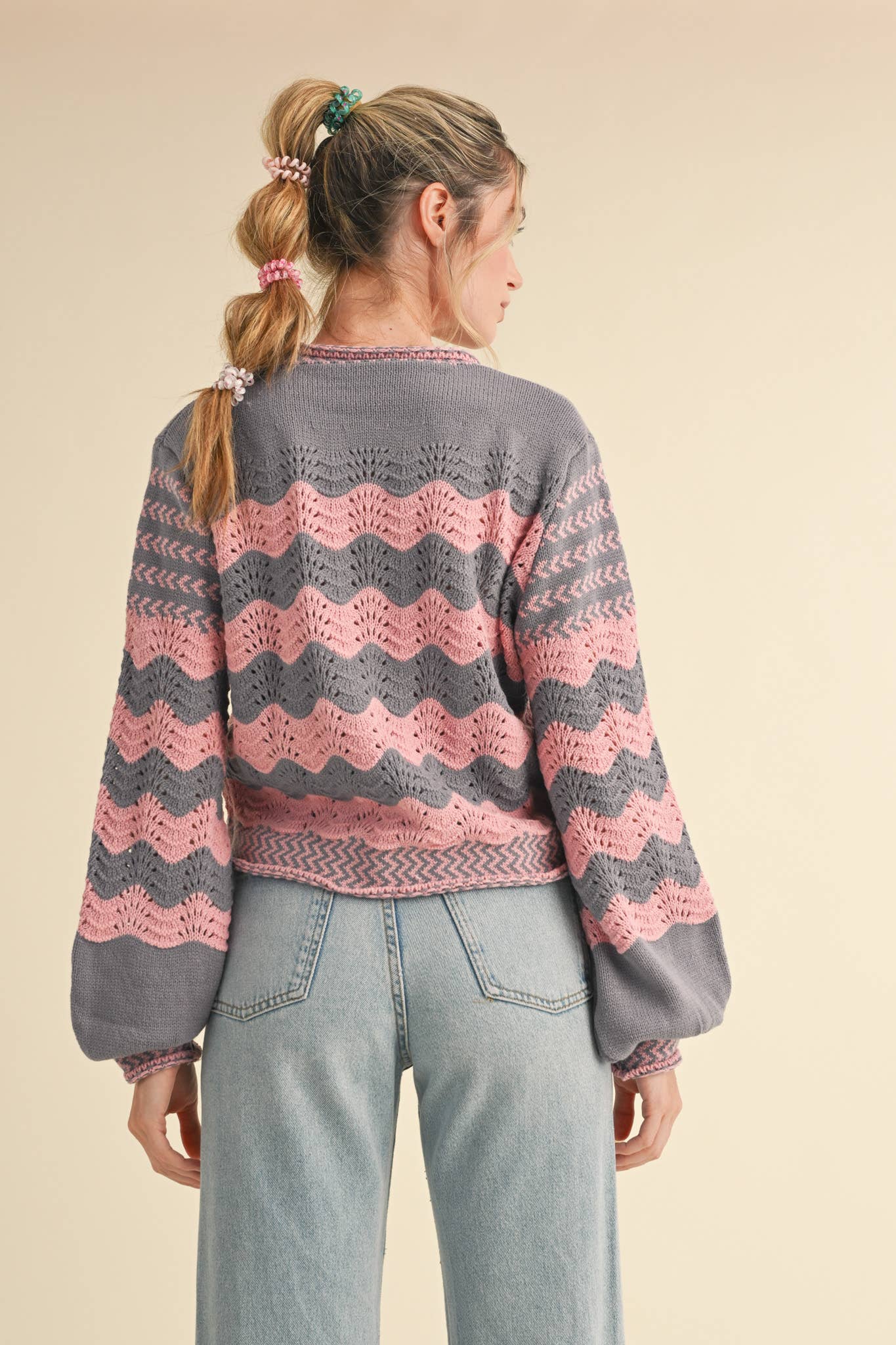 Wavy Striped Puff Sleeve Sweater