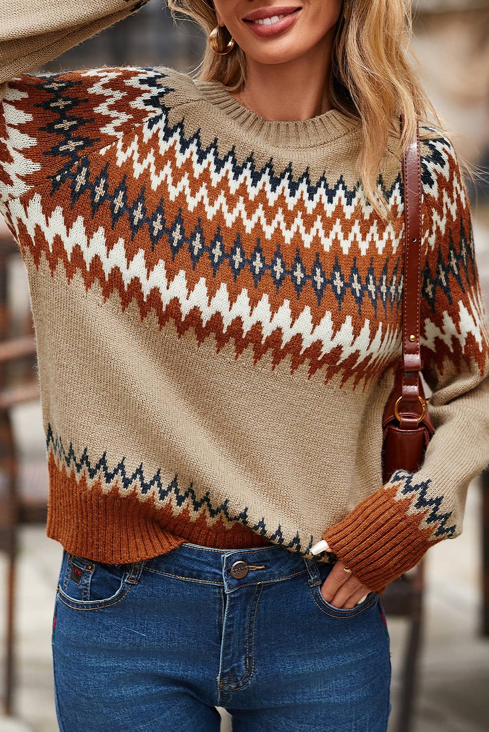 Print Colorblock Crew Neck Sweater