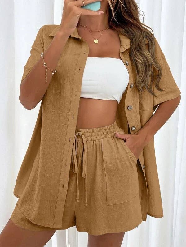 Sweetkama Ladies Solid Color Top and Short Set Daily Set
