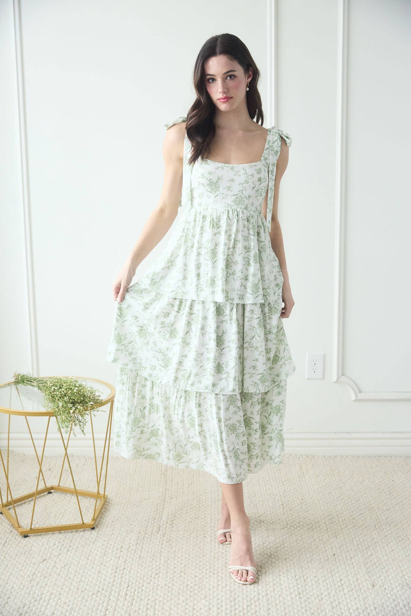 Floral Tie Strap Ruffle Midi Dress