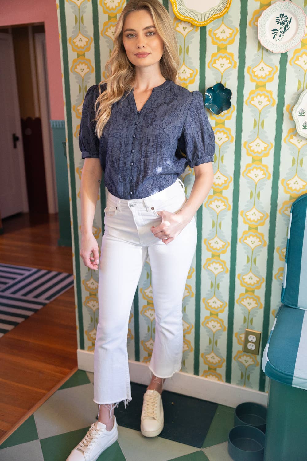 Button Down Floral Textured Top