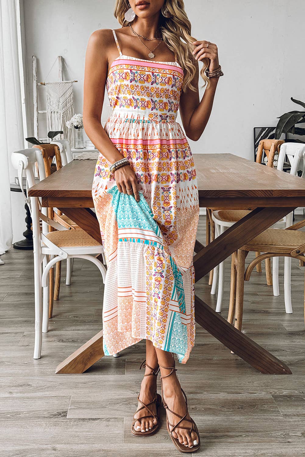 Boho Patchwork Print Square Neck Sundress