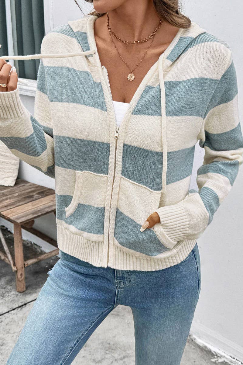 Striped Hooded Zip-up Sweater