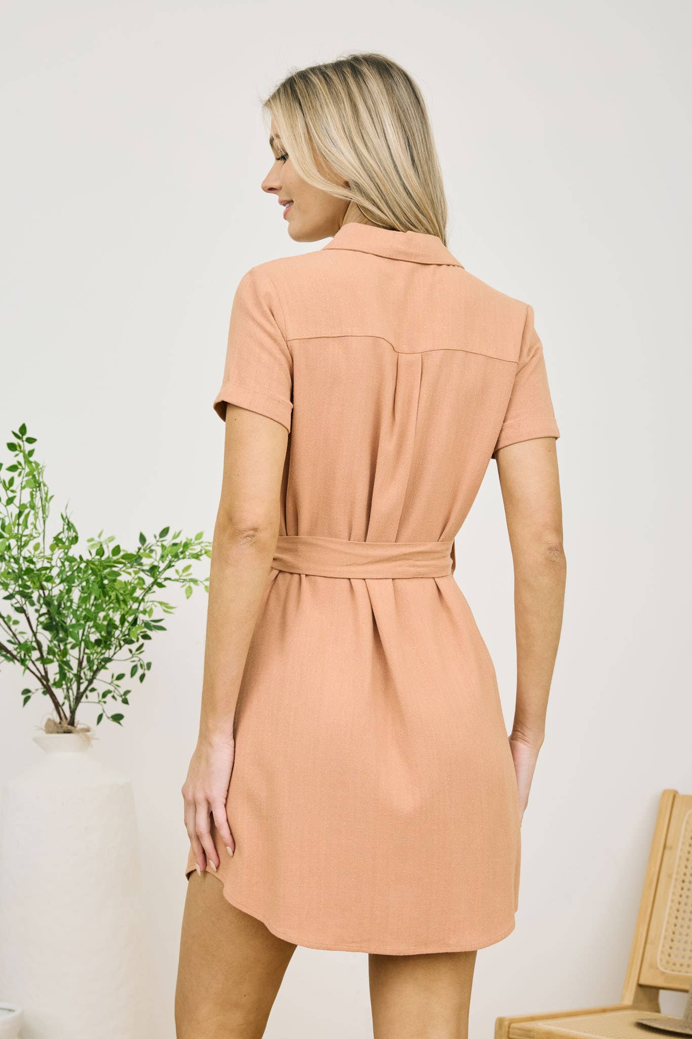 Button Down with Collar Belted Mini Dress