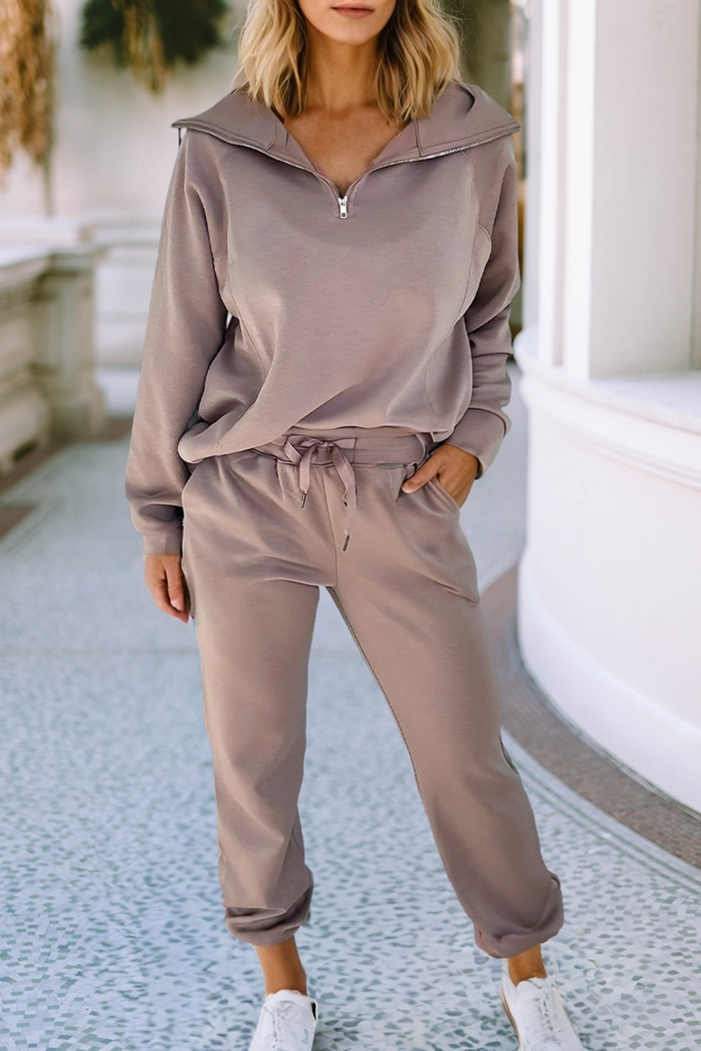 Zip Collar Long Sleeve Top in Taupe or Black