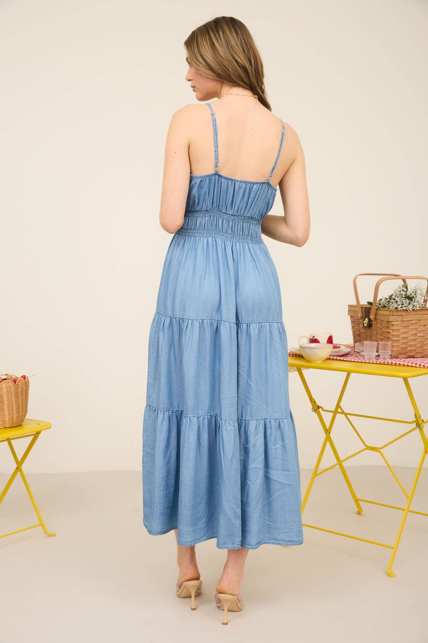 Chambray Sleeveless Tiered Midi Dress