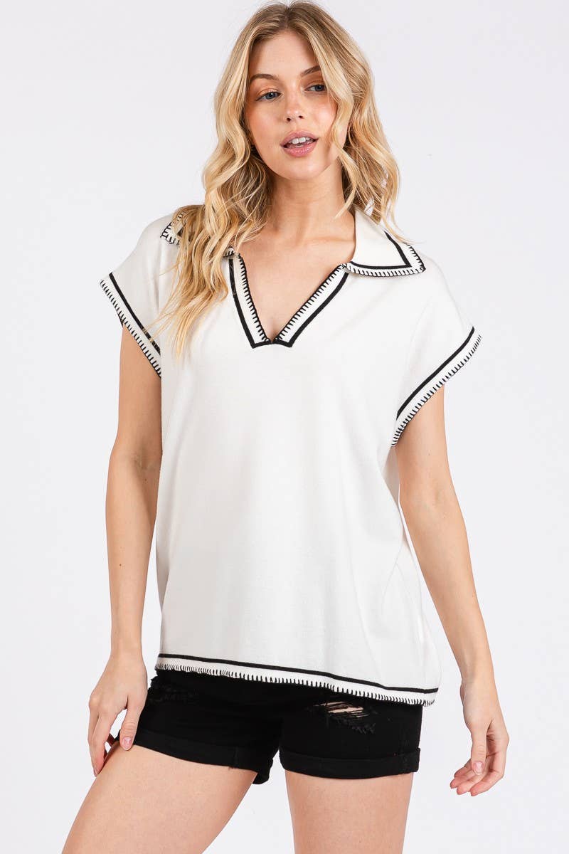 Knit Sleeveless Top with Pink Stitching