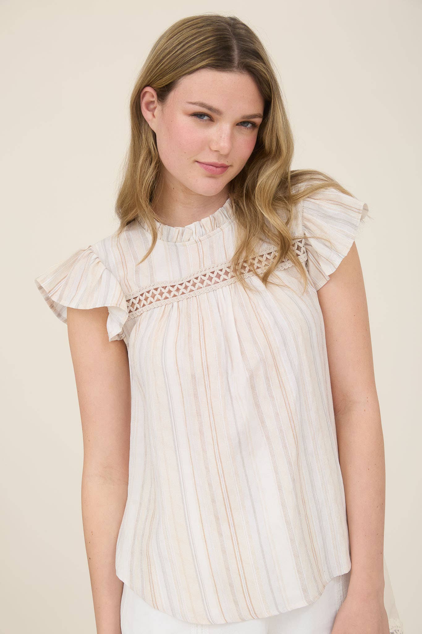 Stripe Lace Trim Ruffle Sleeve Top