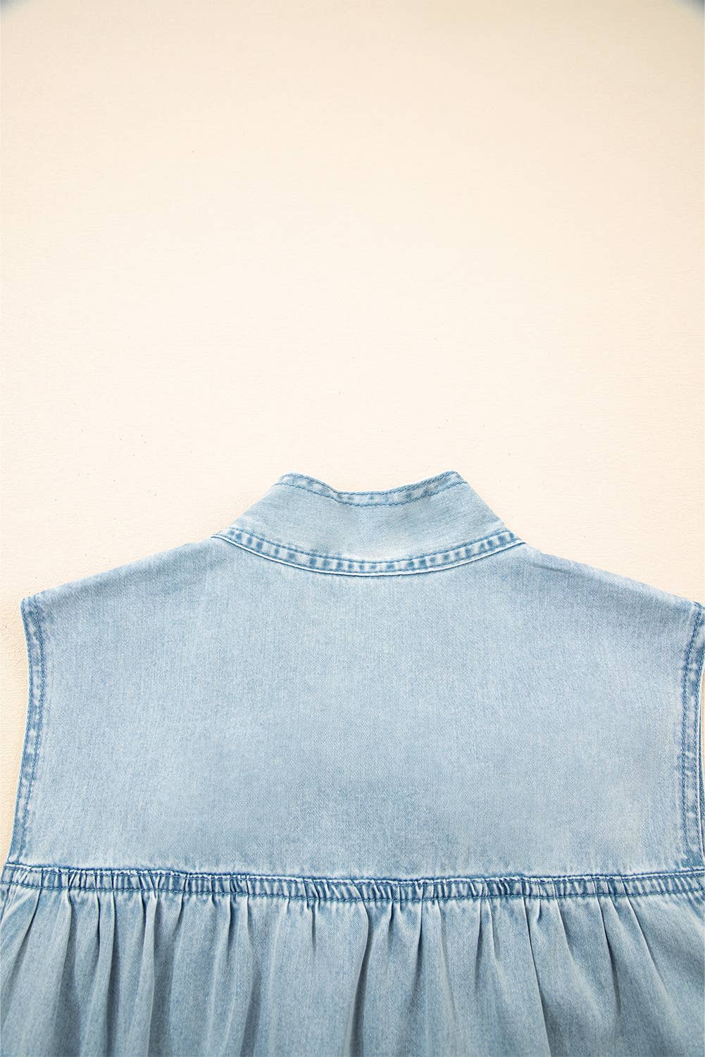 Bowknot Neck Sleeveless Ruffled Chambray Dress