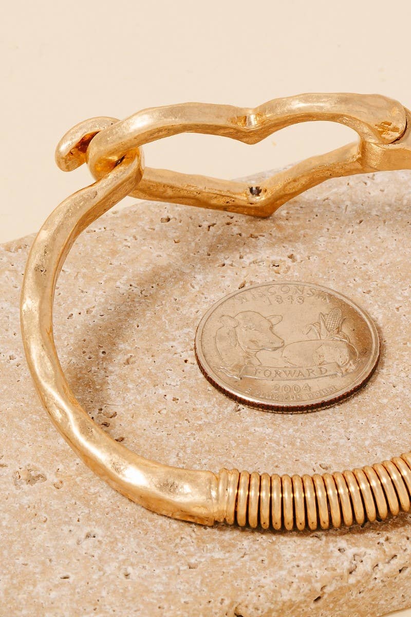 Hammered Heart Coil Spring Hook Bangle Bracelet