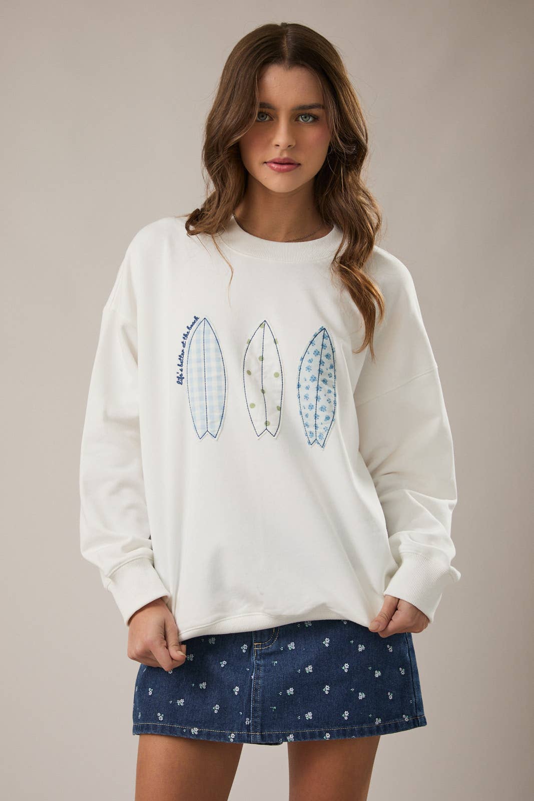 LONG SLEEVE CREW NECK BOAT PATCHWORK PRINTED SWEATSHIRT