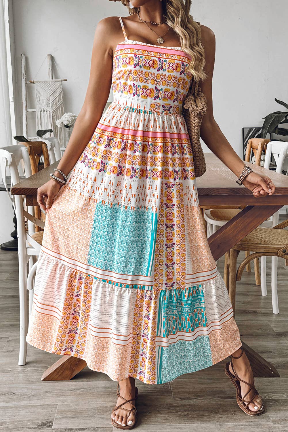 Boho Patchwork Print Square Neck Sundress