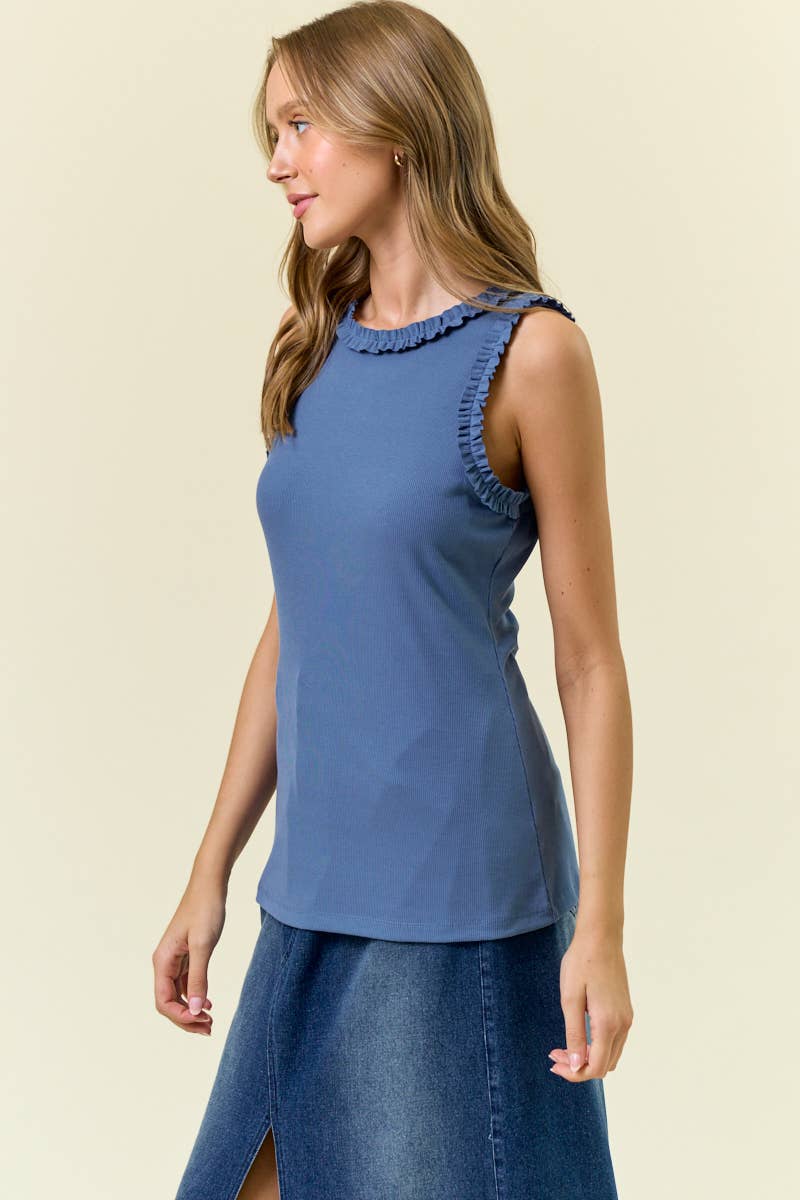 Solid Knit Tank with Ruffle Trim