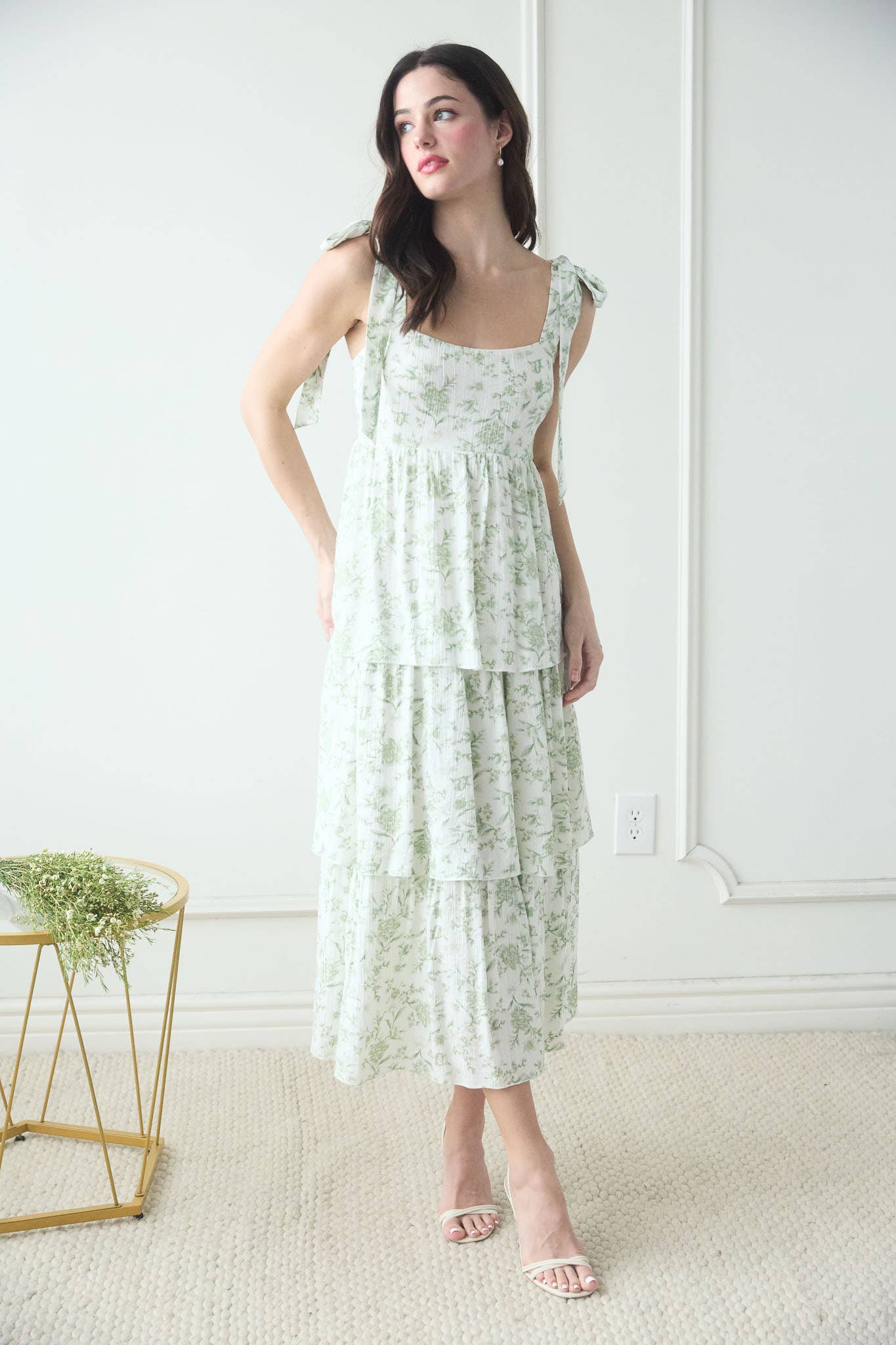 Floral Tie Strap Ruffle Midi Dress