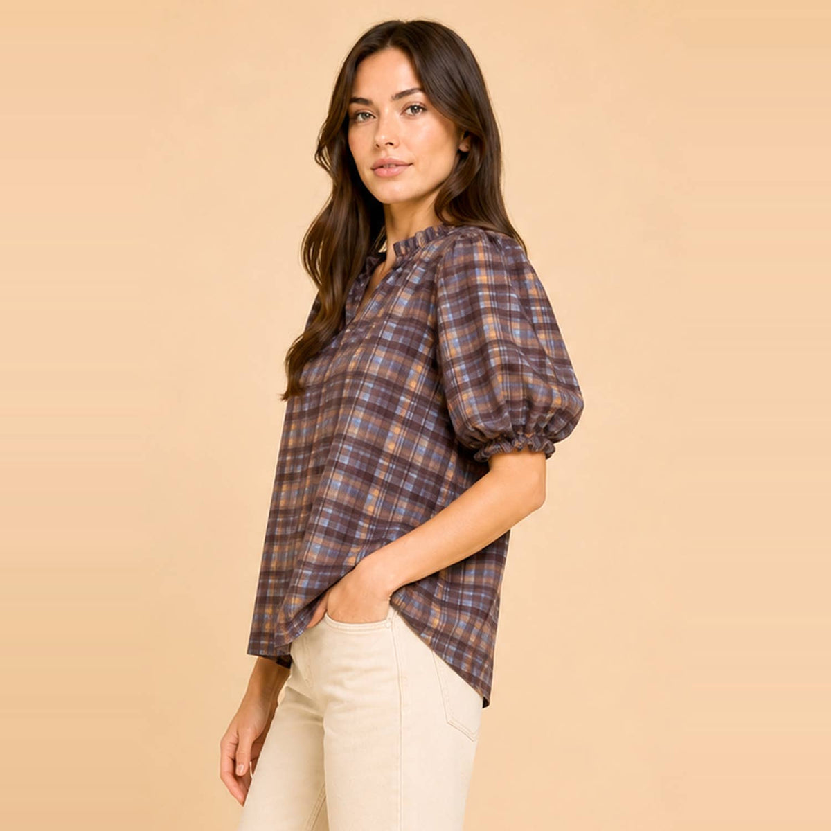 Plaid Puff Sleeve Ruffle Neck Blouse