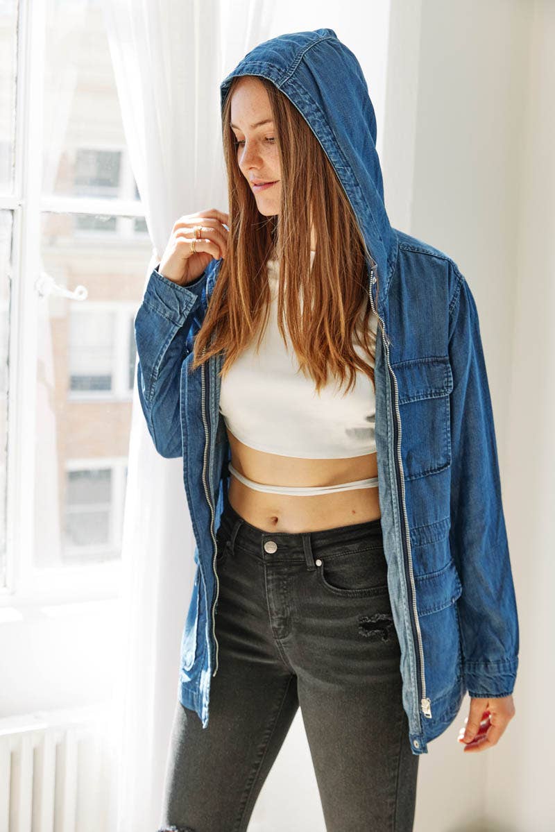 Hooded Chambray Utility Denim Jacket